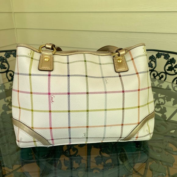 Coach Peyton Tattersall Plaid Cream Leather Tote - Picture 3 of 14